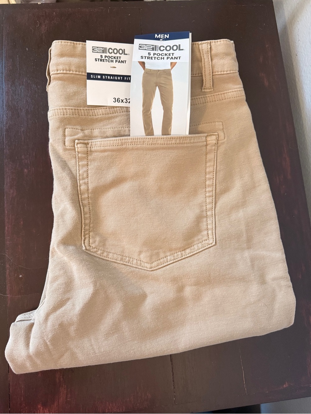 NWT 32 Degrees Cool Men’s 5-Pocket Stretch Slim Straight Fit  Khaki Tan 36x32